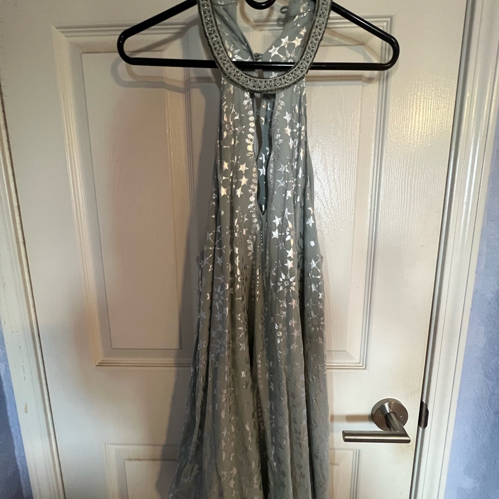 High neck light blue & silver dress